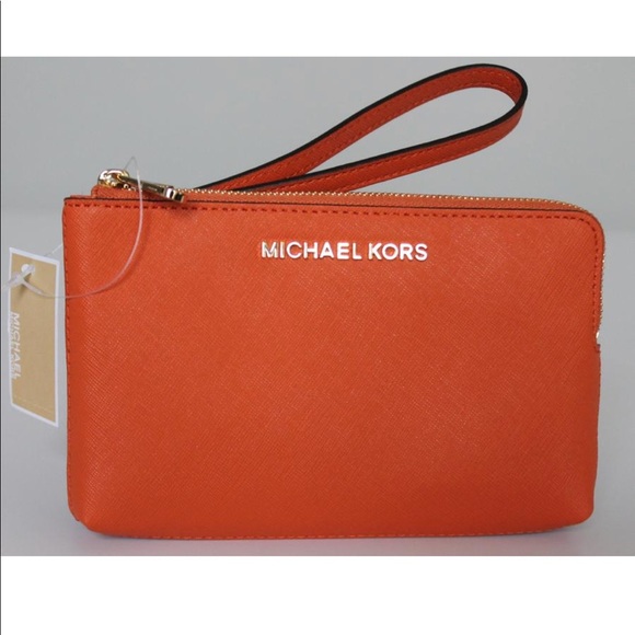 Michael Kors Handbags - MICHAEL KORS DOUBLE WRISTLET BROWN/TANGERINE.